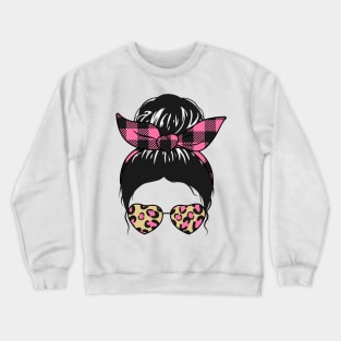 Messy Bun Girl Pink Check Bandana & Leopard Print Sunglasses Crewneck Sweatshirt